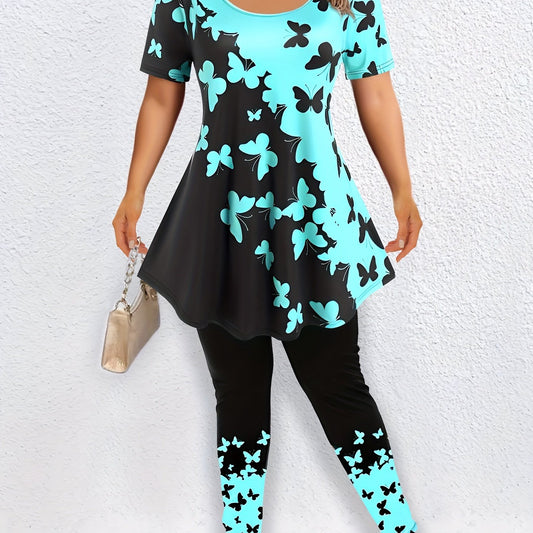 Colorblock Butterfly Print Top & Leggings Set