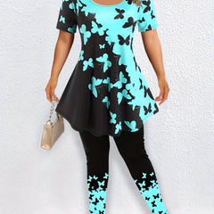 Colorblock Butterfly Print Top & Leggings Set