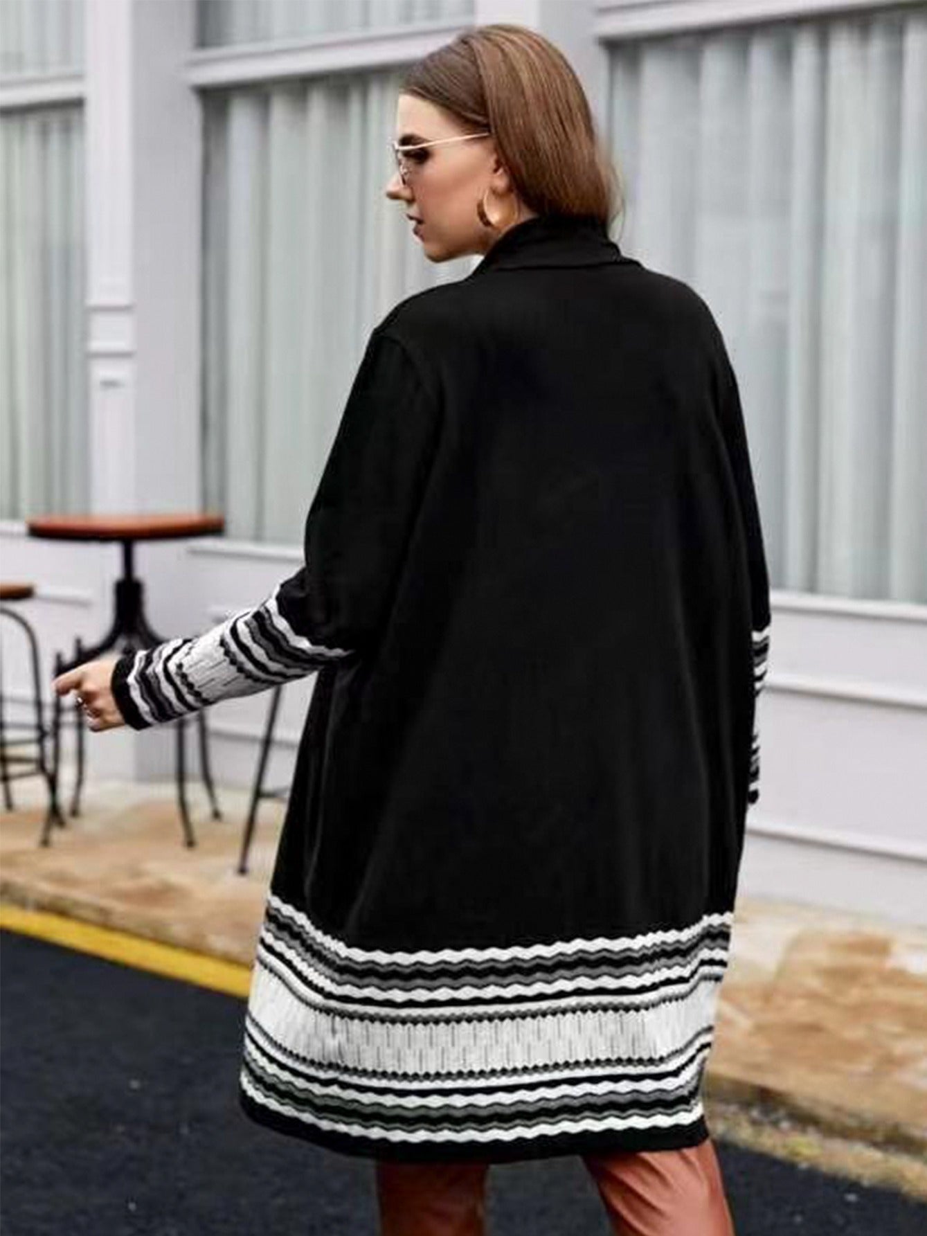 Colorblock Knit High Stretch Sweater Cardigan Women's Plus Long Casual