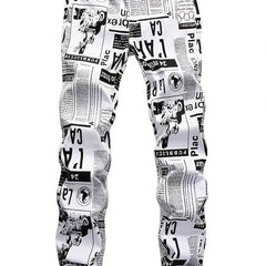 Newspaper Pattern Slim Fit Cotton Jeans Men's Casual Denim Pants