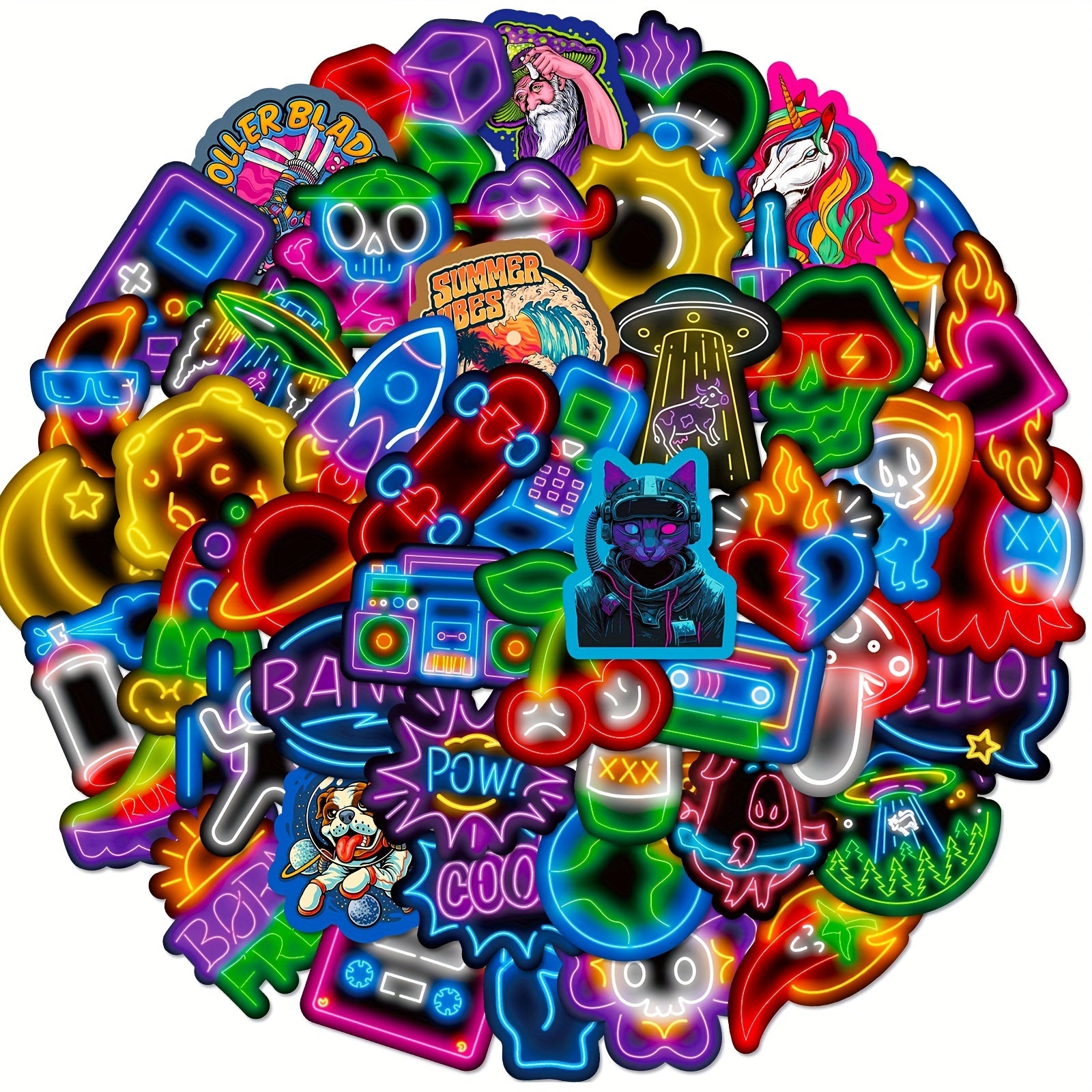 50 Neon Stickers Waterproof Vinyl Decals for Laptop Water Bottles