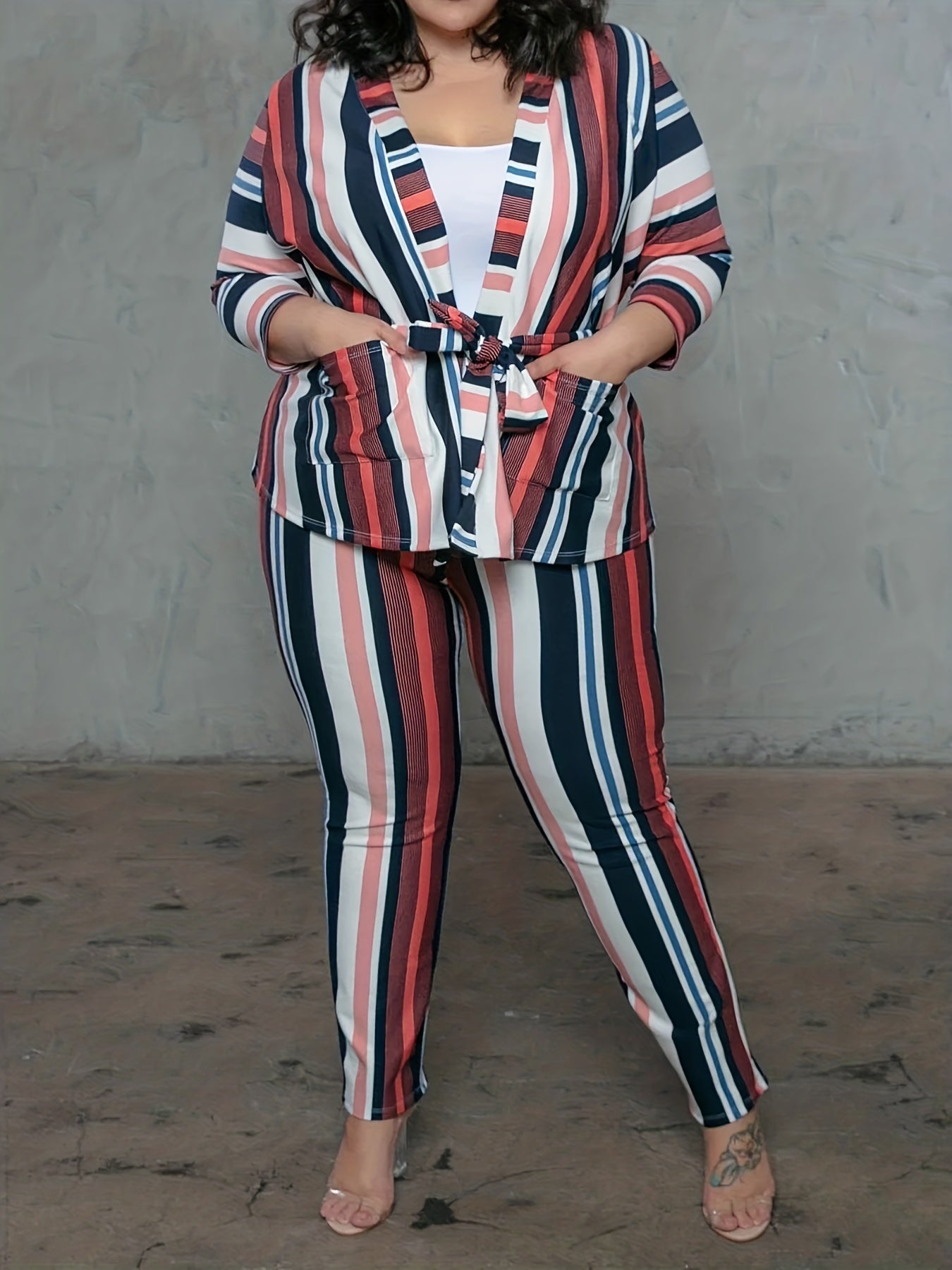 Colorblock Striped Kimono Cardigan & Leggings Set