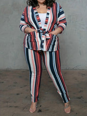 Colorblock Striped Kimono Cardigan & Leggings Set