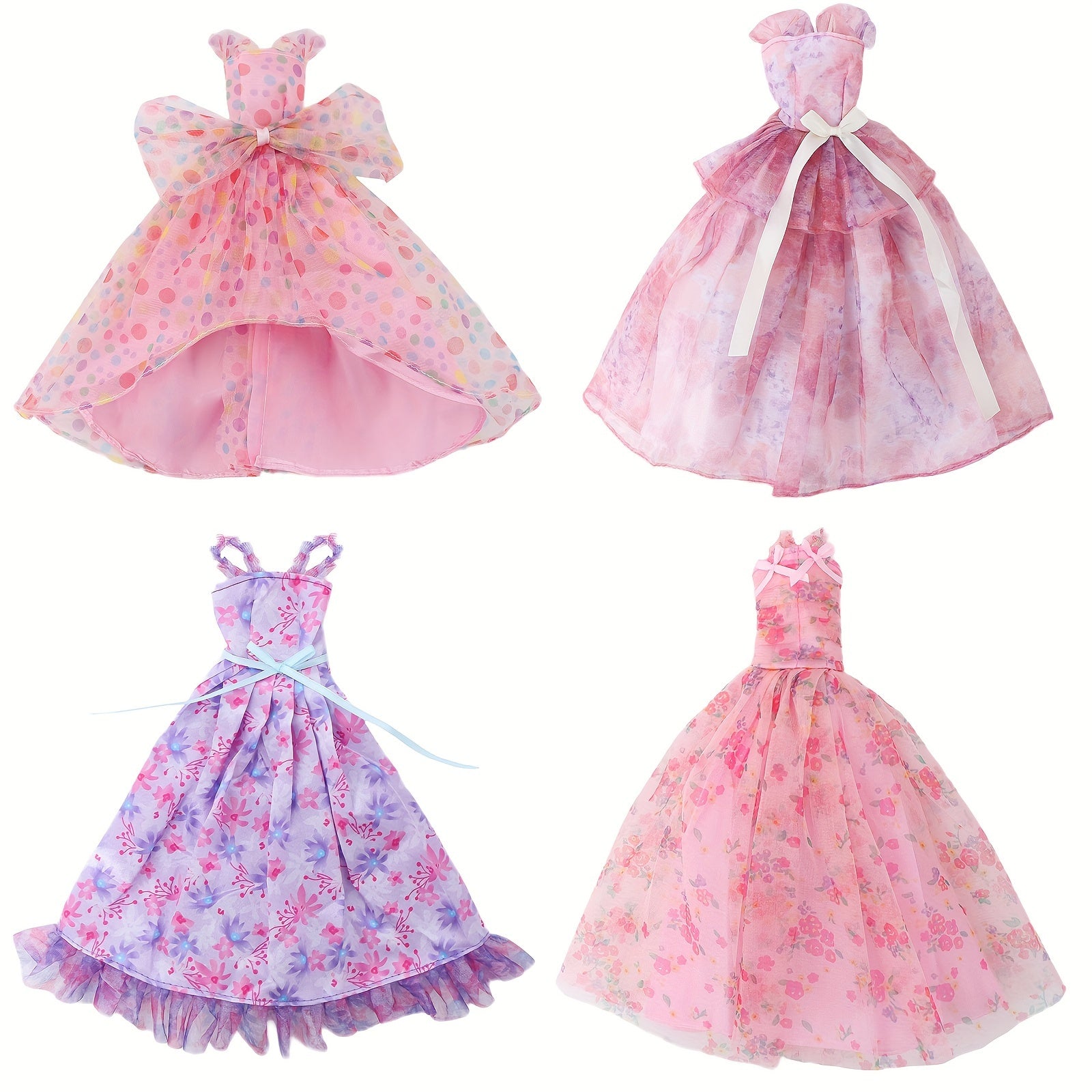 4pcs Doll Outfit Set Pink & Purple Wedding Gown Floral Sundress Tube Top
