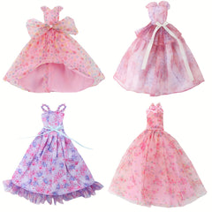 4pcs Doll Outfit Set Pink & Purple Wedding Gown Floral Sundress Tube Top