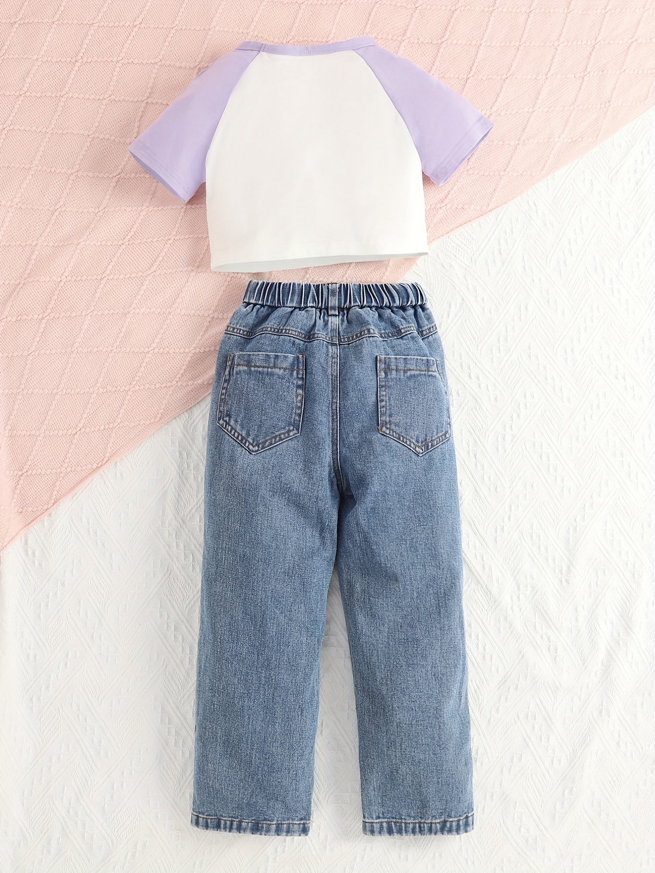 Girls 2 Pcs Raglan Short Sleeve Top & Elastic Waist Jeans Casual Set