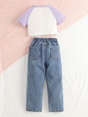 Girls 2 Pcs Raglan Short Sleeve Top & Elastic Waist Jeans Casual Set