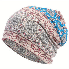 Boho Printed Slouchy Sleep Beanie Hat Lightweight Elasticity Skull Cap