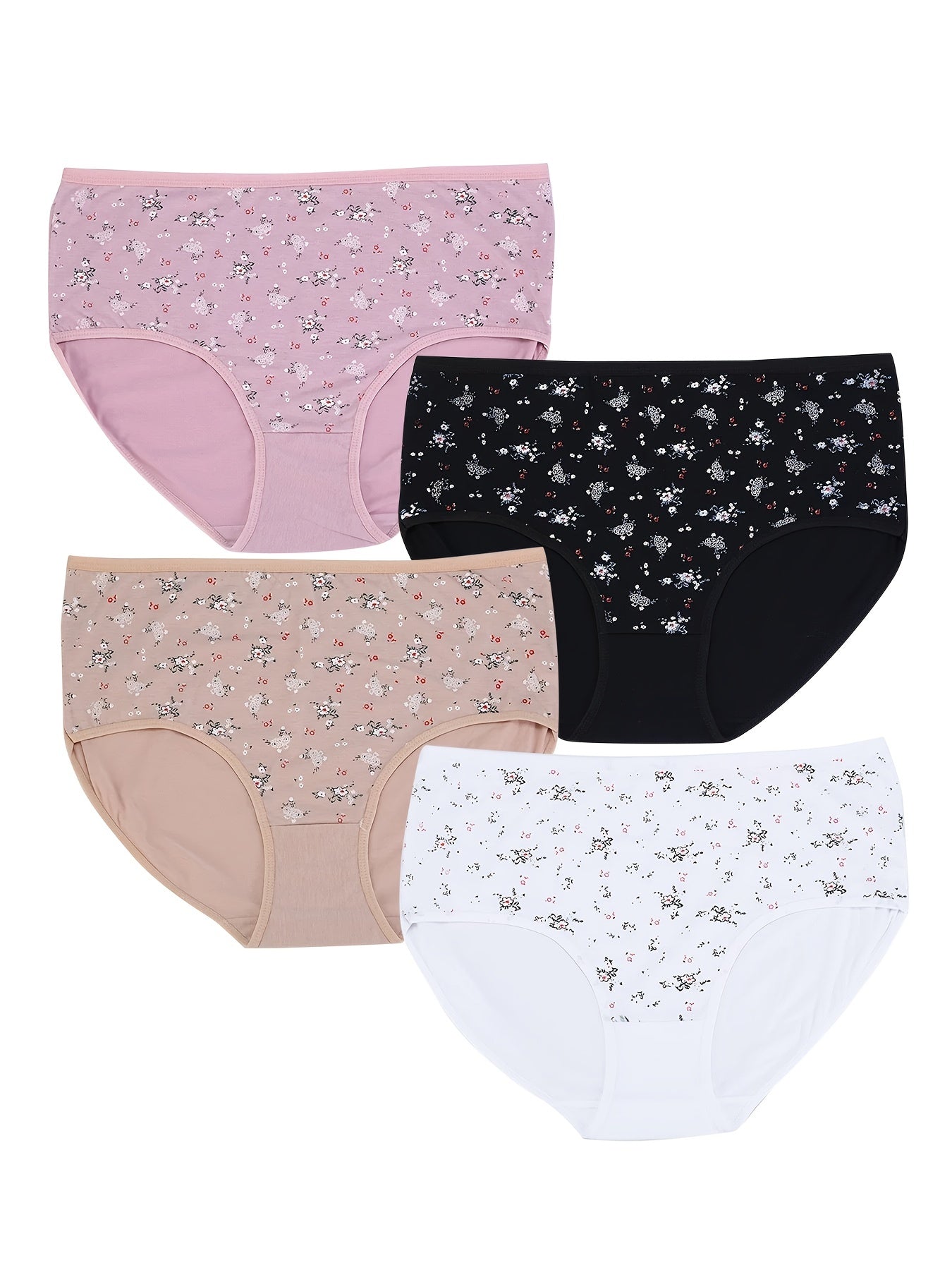 4 Pack Plus Size Panties Set Women's Plus Ditsy Floral Print Mid Waisted Skin