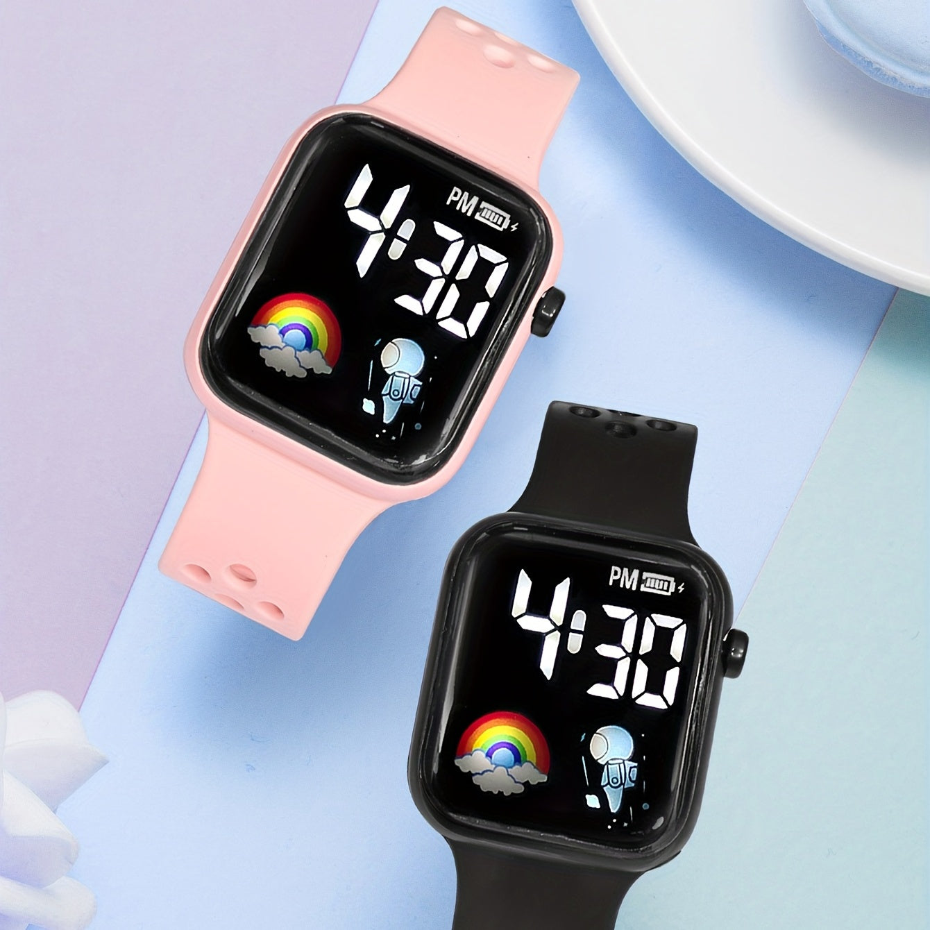 2pcs Girls Rainbow Spaceman LED Electronic Watch