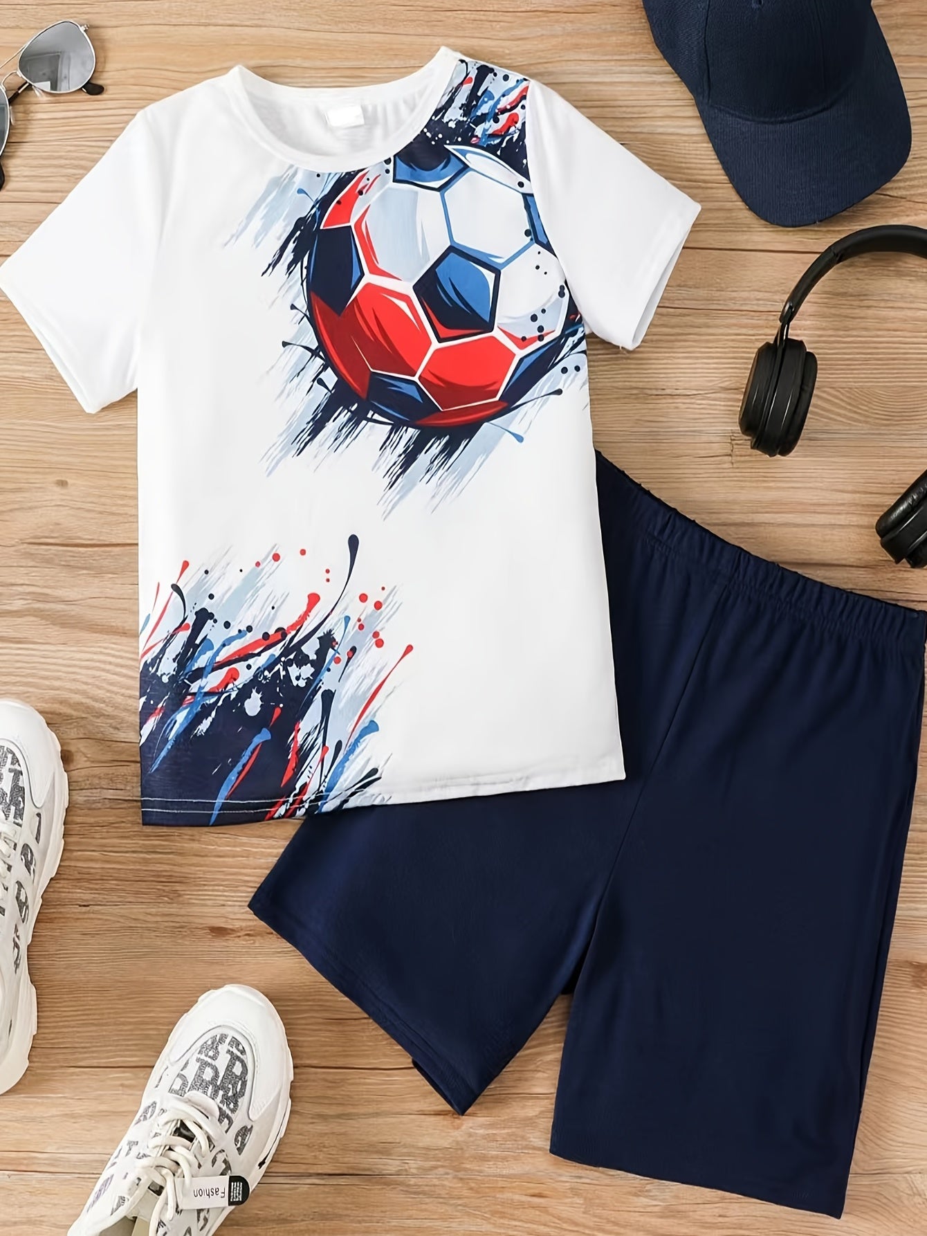 Boys Football Graphic Casual Outfit T-shirt & Shorts For Summer Kids