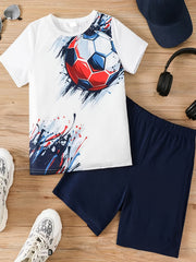 Boys Football Graphic Casual Outfit T-shirt & Shorts For Summer Kids