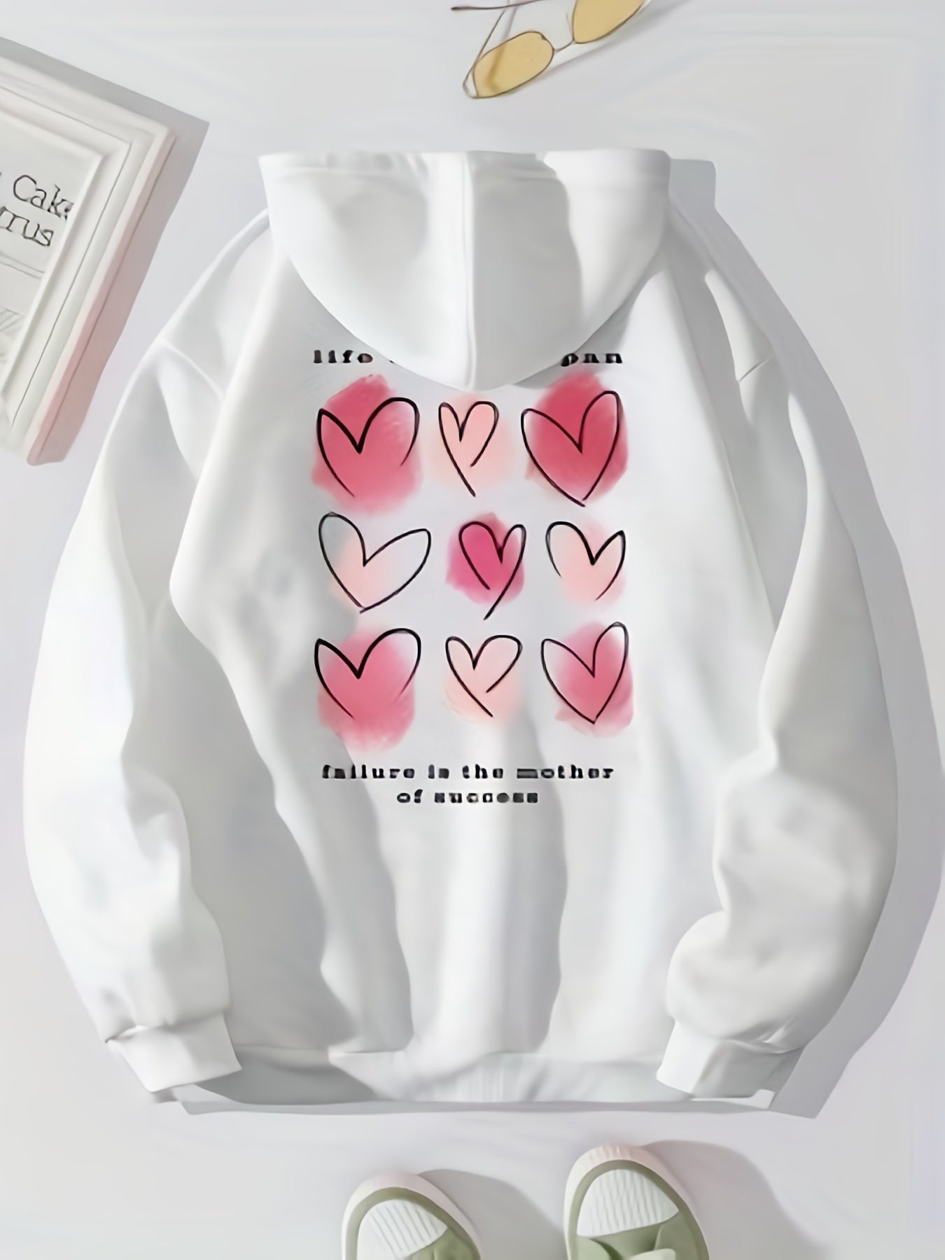 Heart Print Hoodie with Kangaroo Pocket - Women's Clothing
