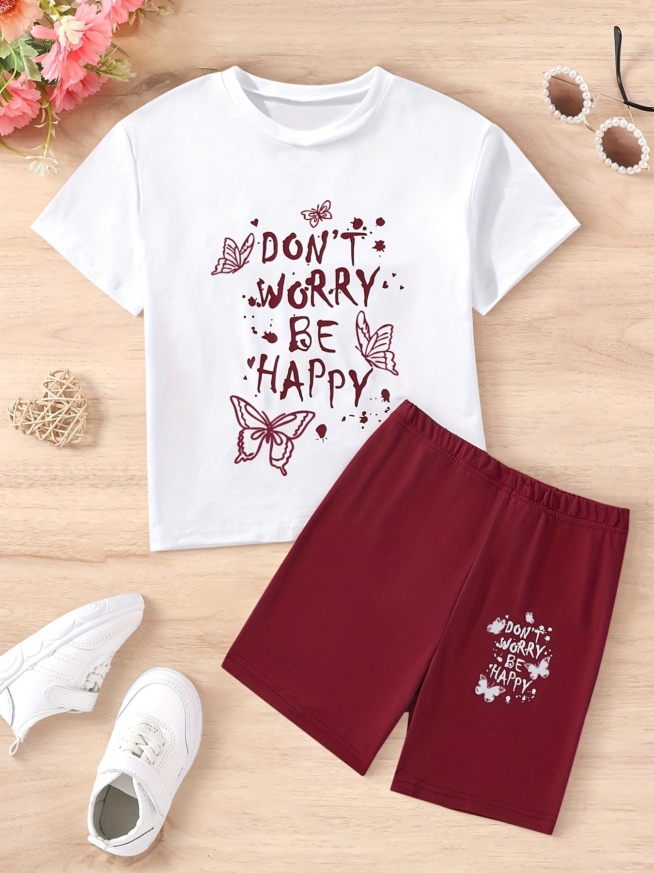 2pcs Girls Letter & Butterfly Graphic T Shirt & Shorts Set Summer Clothes