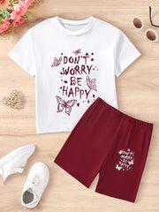 2pcs Girls Letter & Butterfly Graphic T Shirt & Shorts Set Summer Clothes