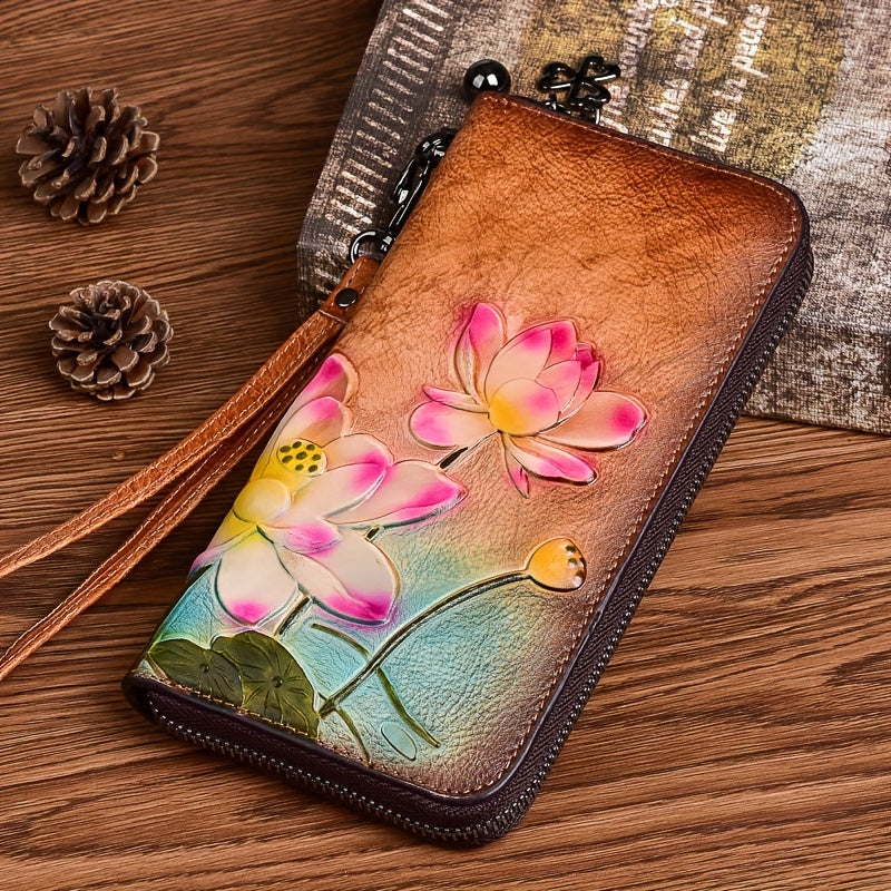 Vintage Floral Leather Wallet for Women, Zipper Closure, Card Slots