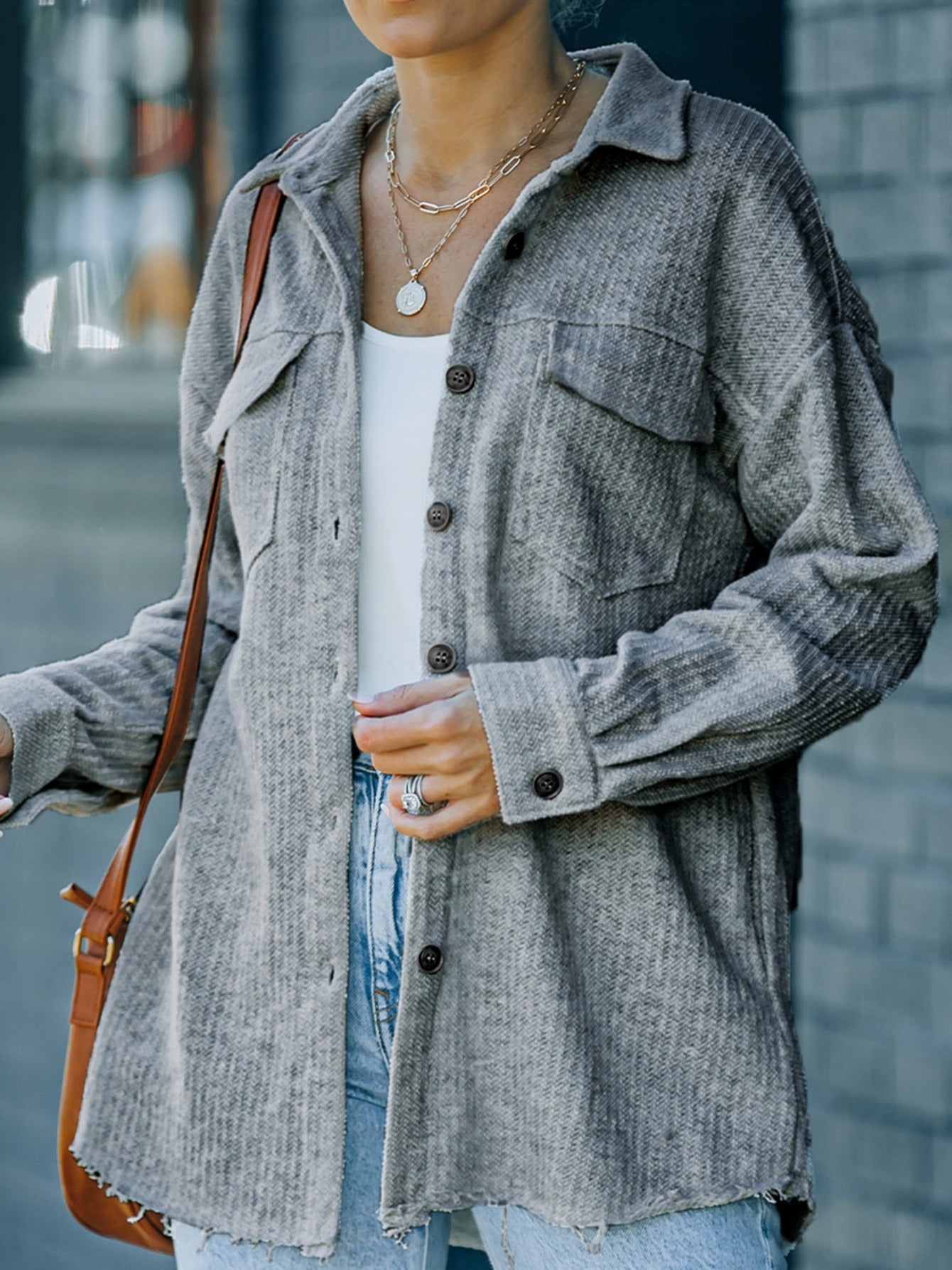 Women's Textured Button Down Shirt Jacket With Pockets