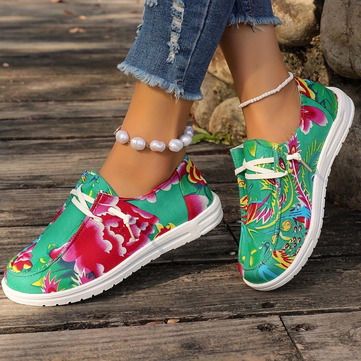 Chinese Style Flower Pattern Boat Shoes Canvas Low Flats