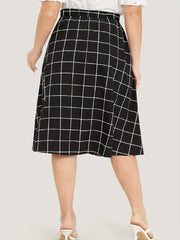 Gird Print Button High Rise Knee Length Skirt