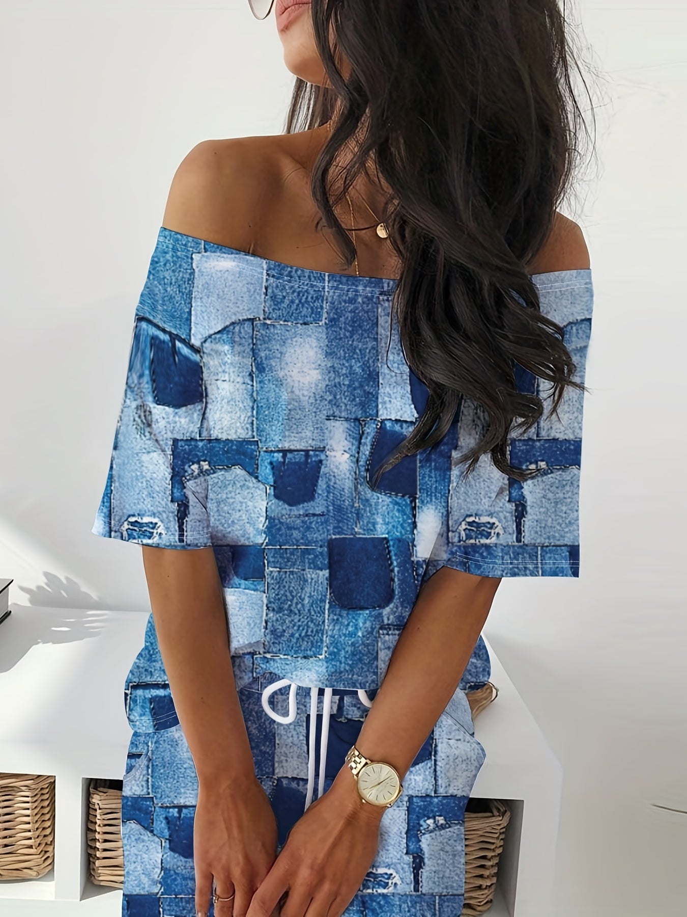 Patchwork Casual Set Off Shoulder Tee & Split Drawstring
