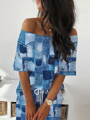 Patchwork Casual Set Off Shoulder Tee & Split Drawstring