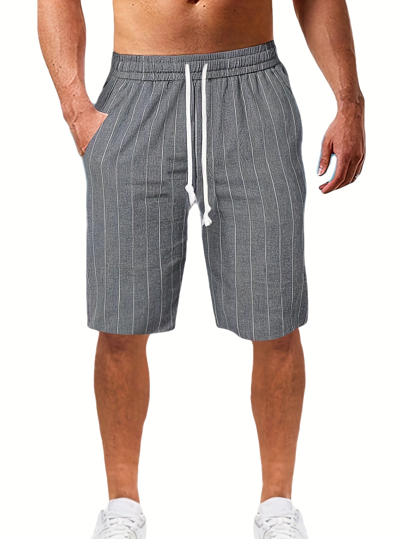 Breathable Striped Flat Front Shorts Men's Casual Waist Drawstring Shorts