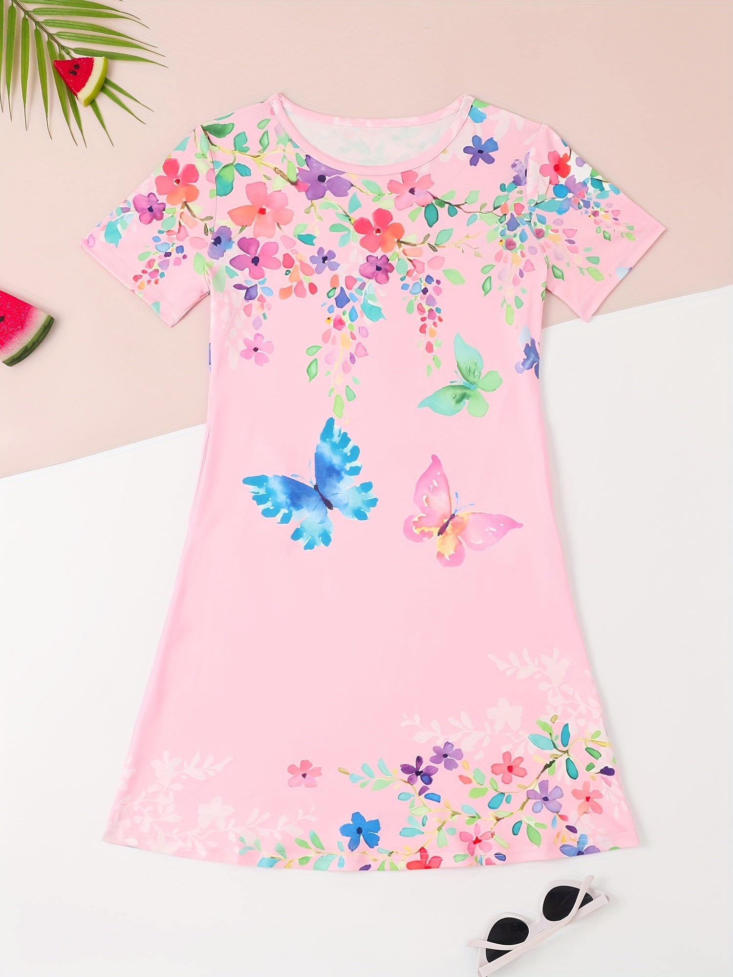 Butterfly Graphic Short Sleeve Dress Girls Summer