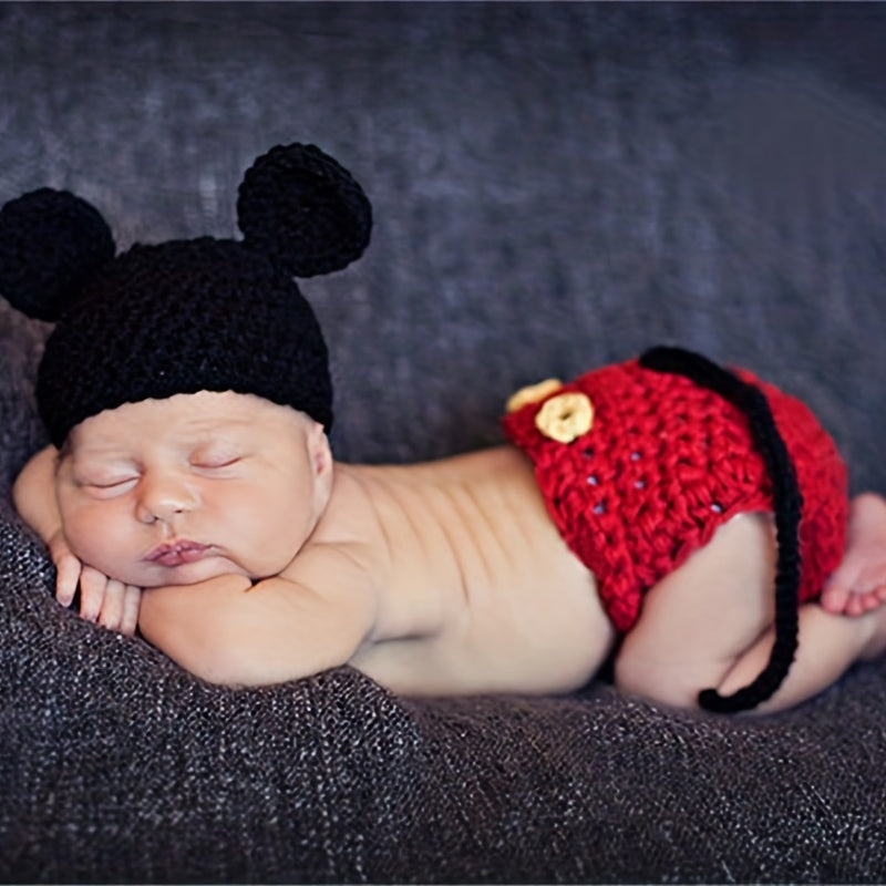 2pcs Baby Boys Mouse And Flower Knit Hat Underwear Set
