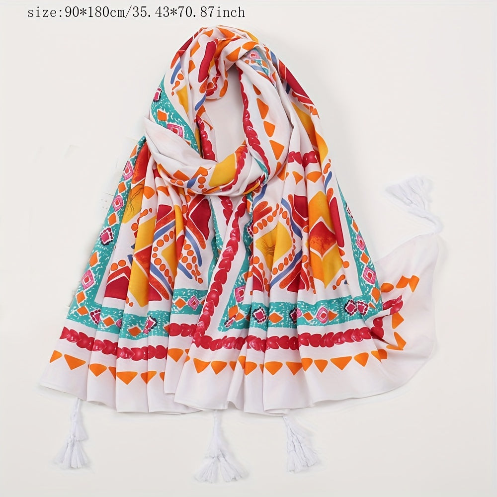 Boho Tassel Decor Scarf Geometric & Plant Print Casual Style Windproof Shawl