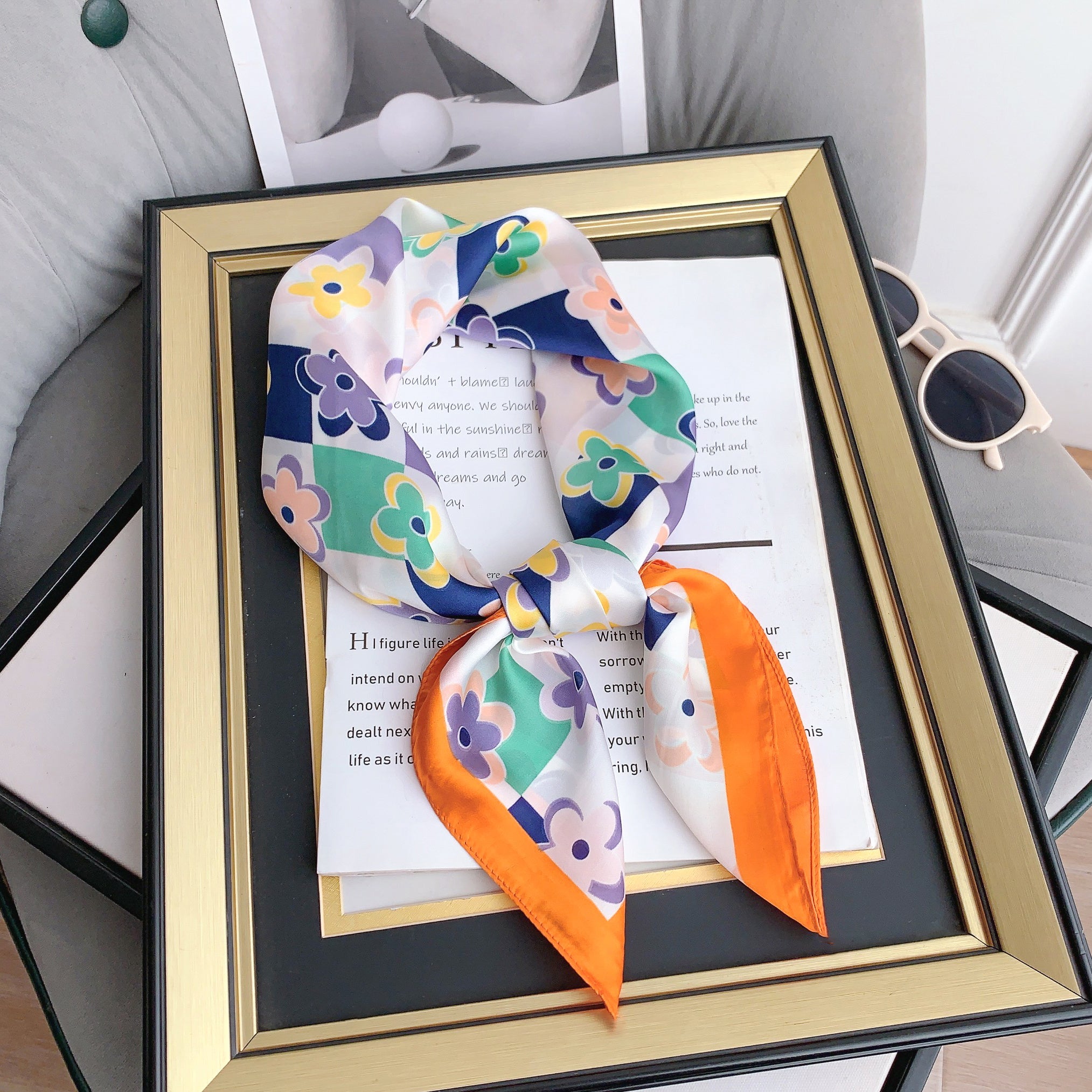 70cm Flower Print Bandana Block Satin Square Scarf Silk Neckerchief Turban