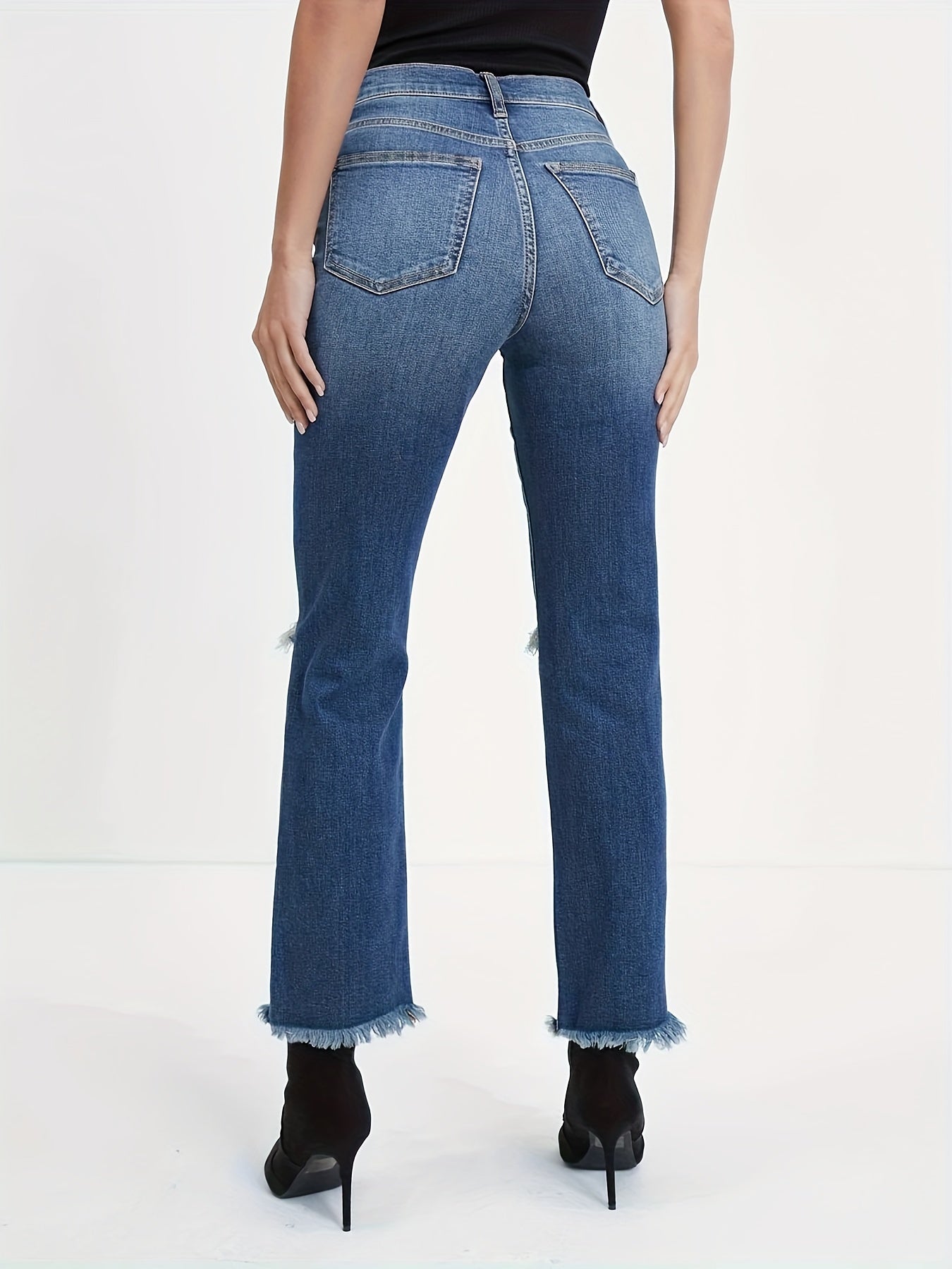 Button Fly Ripped Fringe Trim Stretch Jeans