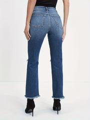 Button Fly Ripped Fringe Trim Stretch Jeans