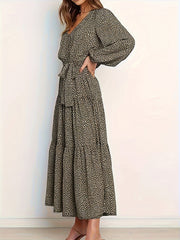 Plus Dot Print Lantern Sleeve V Neck Maxi Smock Dress With Belt