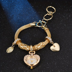 Golden Heart Bracelet Watch with Faux Diamond Studded Quartz Alloy