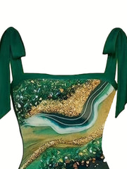 Green Striped Two Pieces Swimsuit with Cover Up Shirt