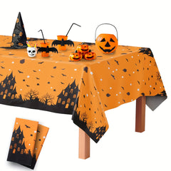 2Pcs Halloween Plastic Table Cloth Castle Bat Witch Tree Decor