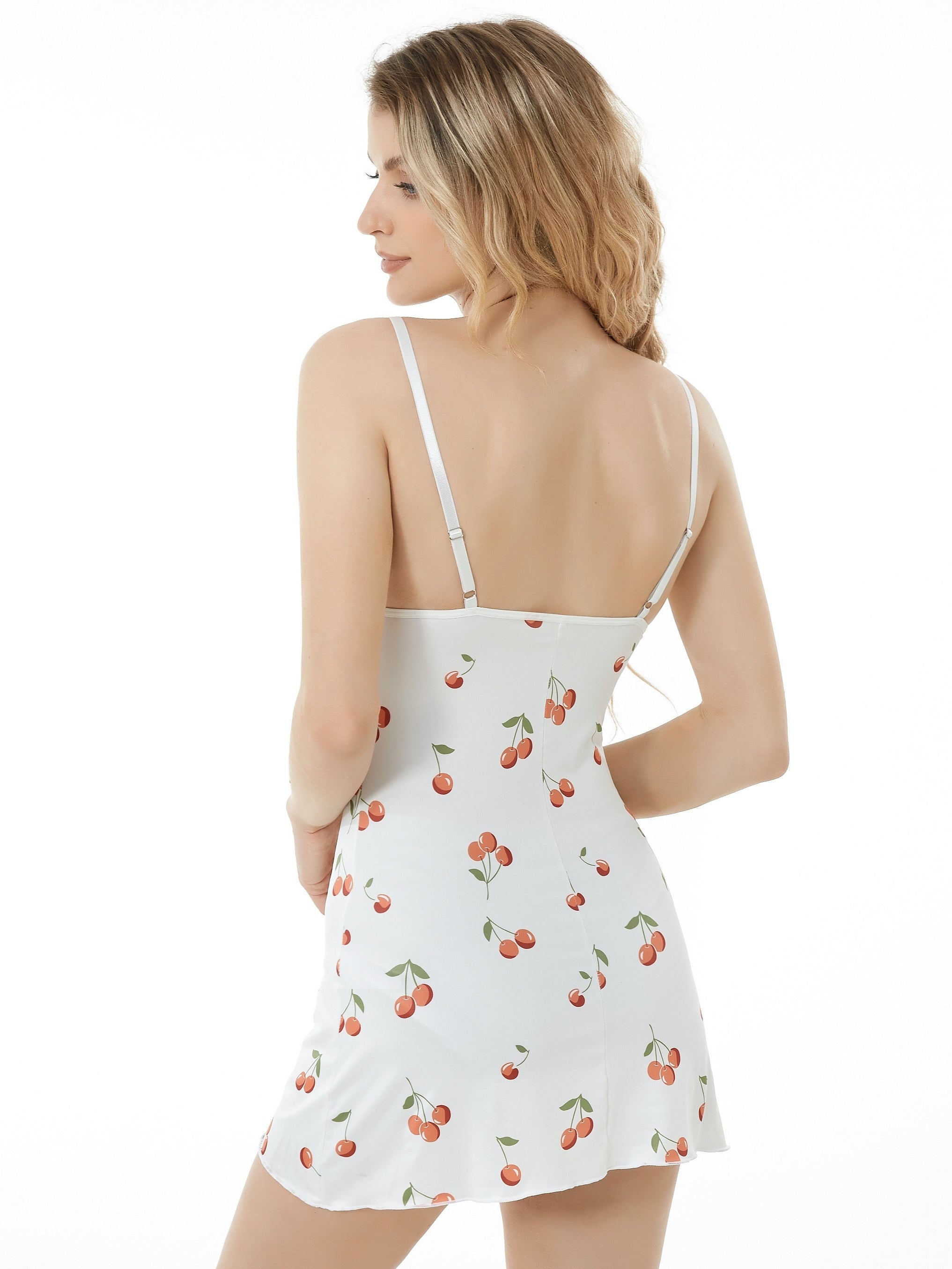 Cherry Print Lace Trim Lounge Dress Bow Backless Spaghetti Strap Home Dress