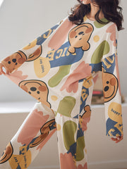 Bear Print Pajama Set Long Sleeve Top & Pants Women's Sleepwear