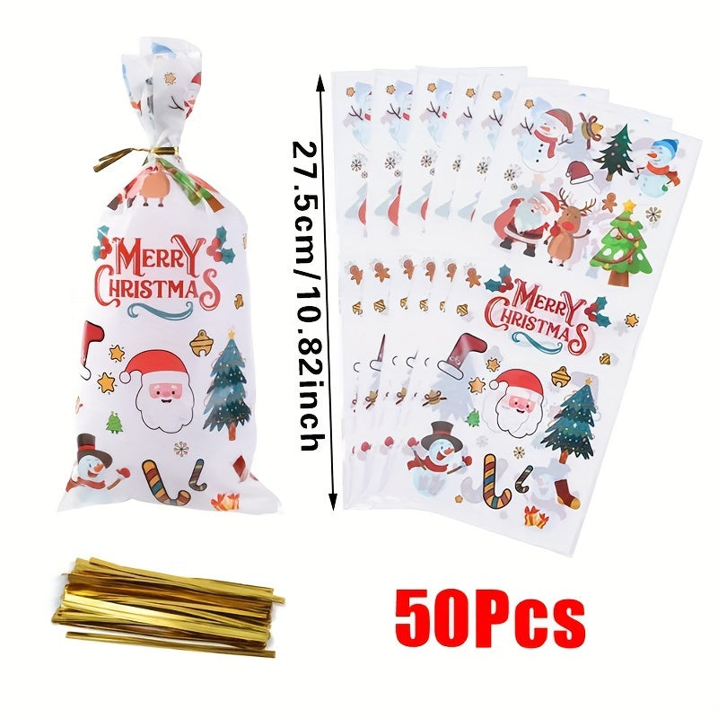 50pcs Cartoon Christmas Theme Transparent Candy Packaging Bags