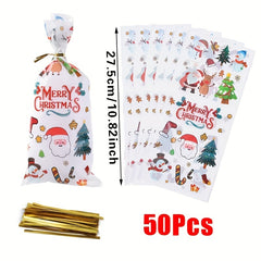 50pcs Cartoon Christmas Theme Transparent Candy Packaging Bags