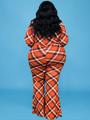 Plaid Print Long Sleeve Jumpsuit with Belt