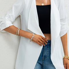 Solid Rolled Sleeve Cardigan Open Front Versatile Cardigan