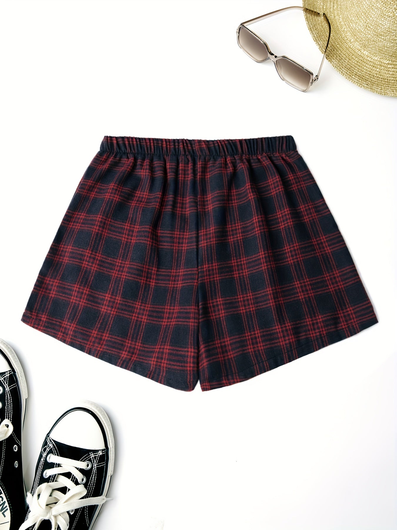 Plaid Elastic Waist Shorts Preppy Women's Clothing