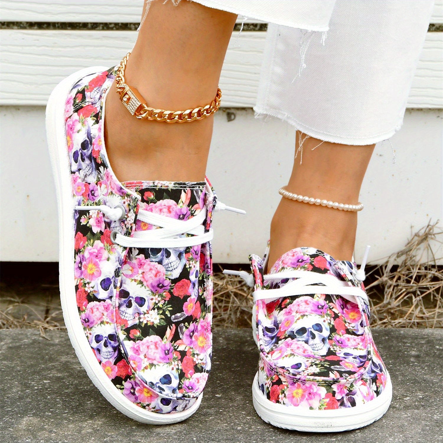 Floral & Skull Canvas Shoes Lace Up Low Top Halloween Sneakers