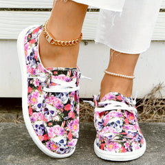Floral & Skull Canvas Shoes Lace Up Low Top Halloween Sneakers