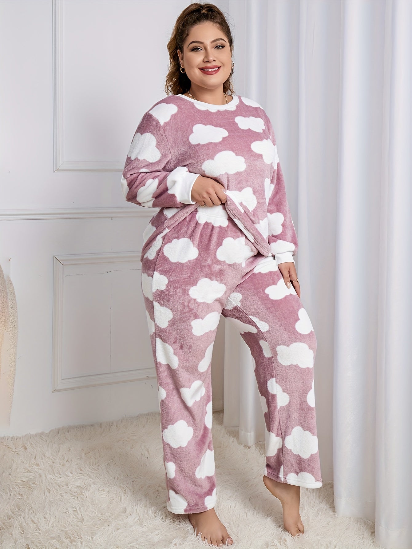Loungewear Set Women's Plus Claud Pattern Flannel Top & Pants