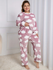 Loungewear Set Women's Plus Claud Pattern Flannel Top & Pants