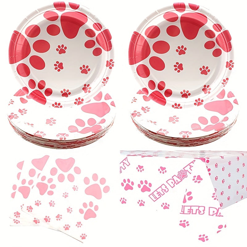 Pink Dog Paw Prints Party Supplies Set - Plates, Napkins, Tablecloth