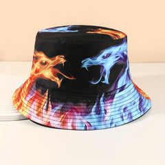 Ice Fire Dragon Bucket Hat Hip Hop Block Printed Unisex Basin Hat Reversible