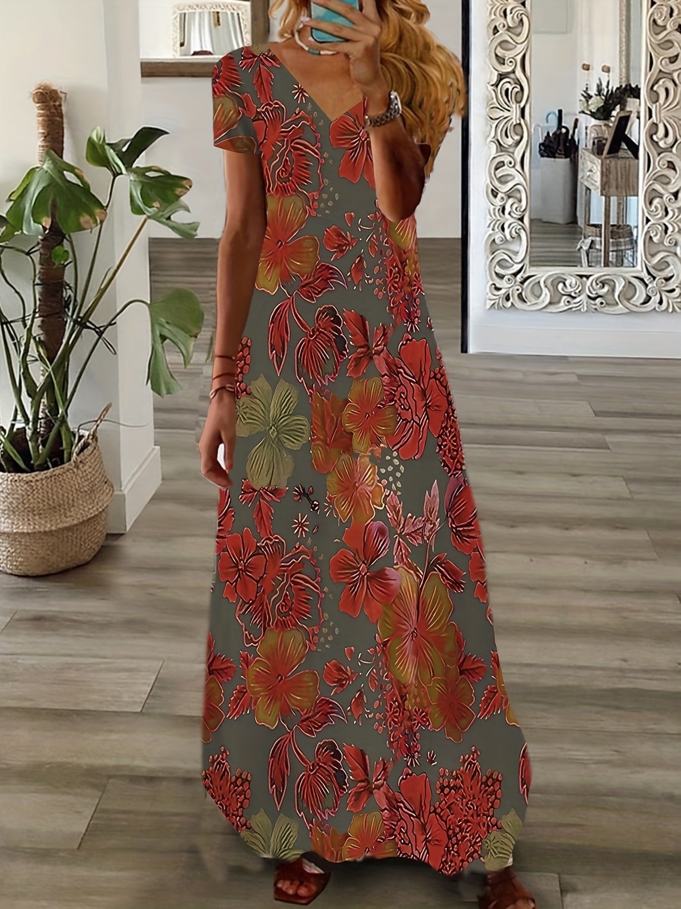 Floral Print V Neck Maxi Dress